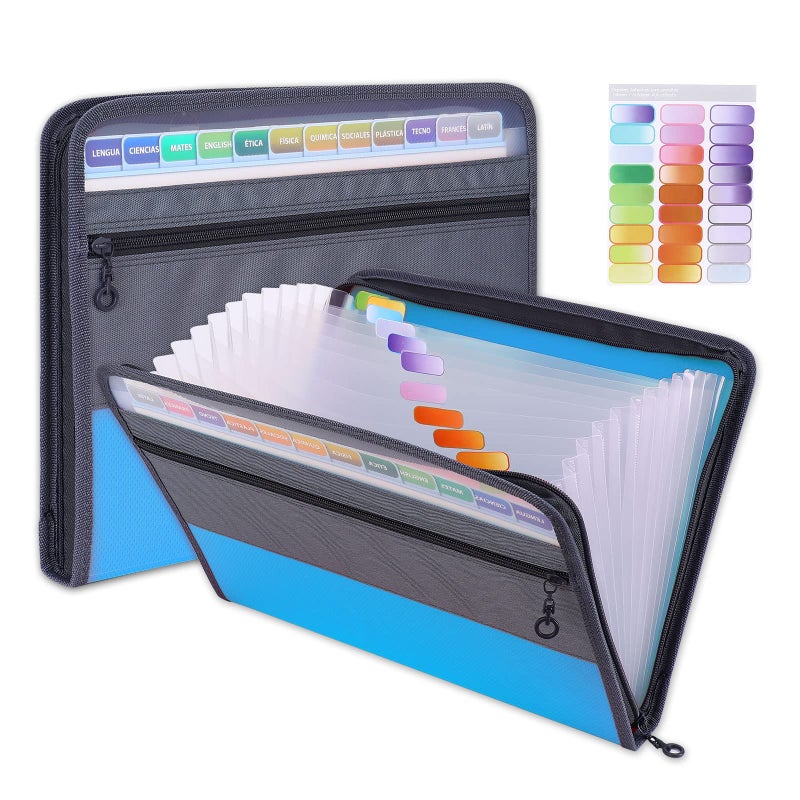 MEGREZ Expanding File Folder with 13 Pockets, A4 Paper File Folder with Zipper Color Labels, Waterproof Accordion File Folder Organizer for Home Office, Blue - Image 1